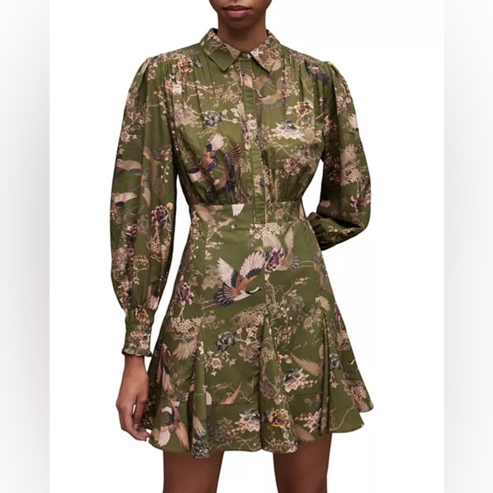 All Saints Green Floral Long Sleeve Dress